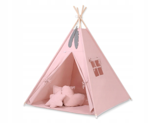 TIPI stan pre deti + karimatka + vankúšiky + prívesky z peria - špinavá ružová